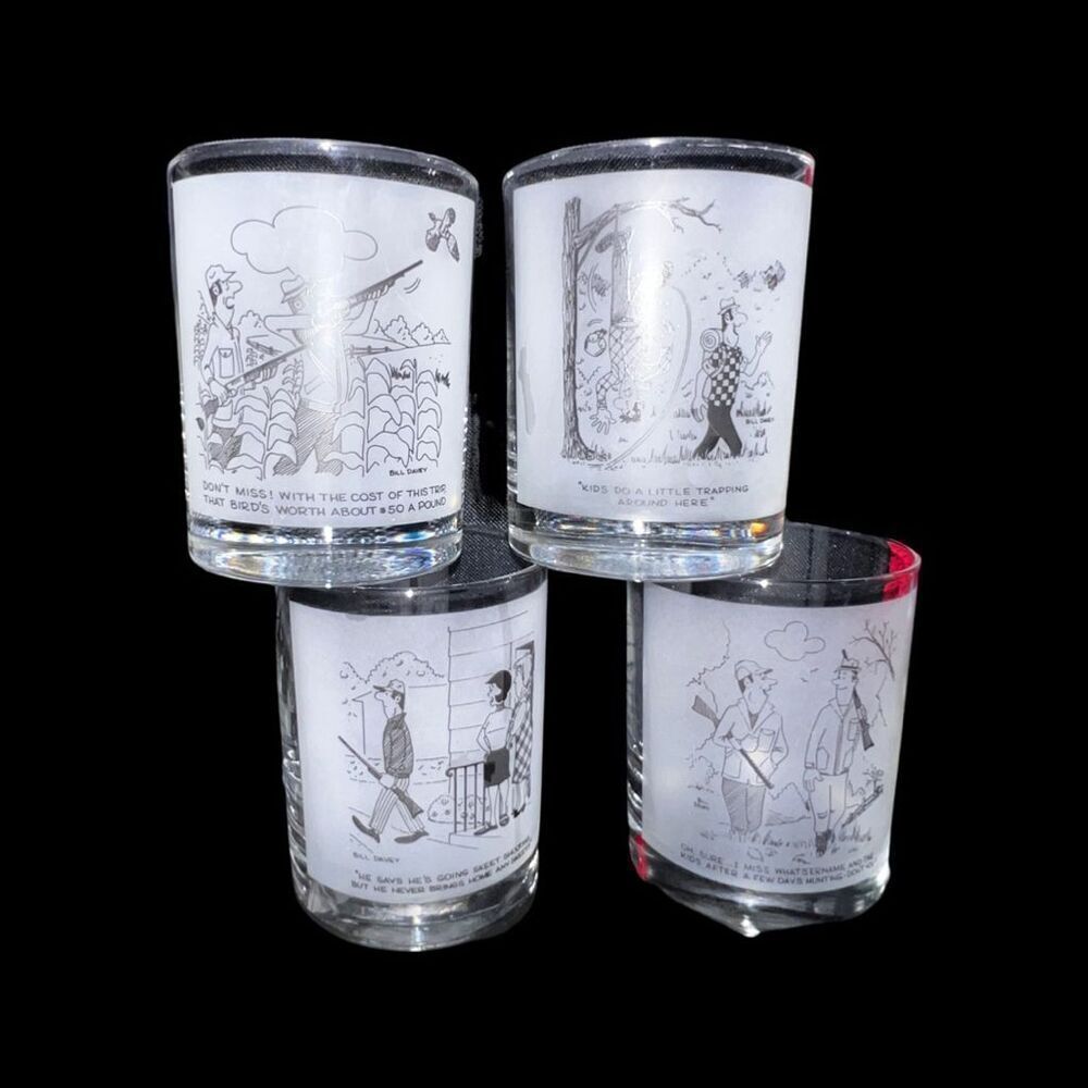 Vintage Bill Davey Hunting Comic Collection Of 4 Double Old Fashion Glasses 4”